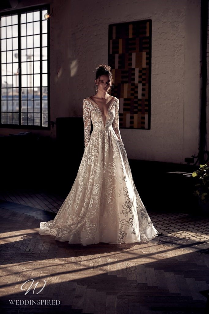 julie vino wedding dress lace a-line long sleeves