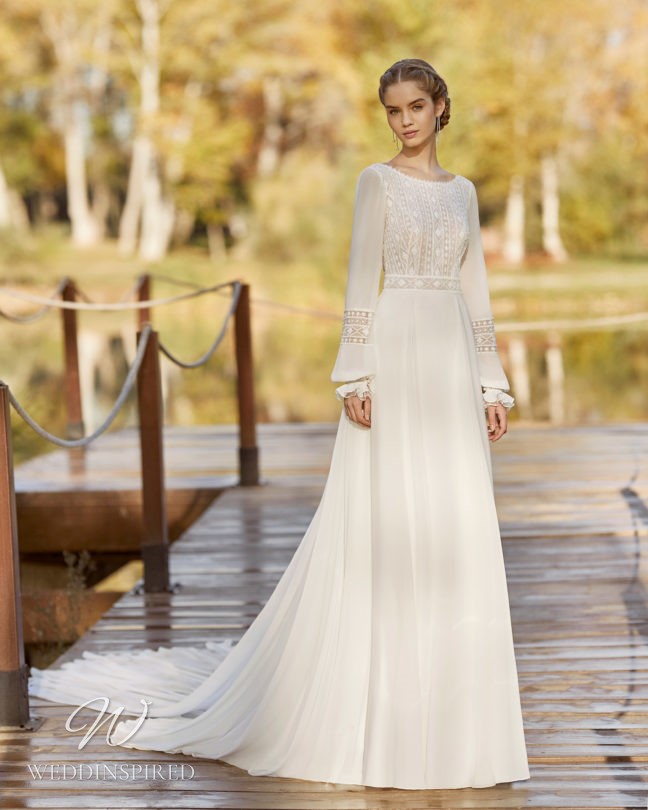 Aire Barcelona 2021 modest flowy boho A-line wedding dress long sleeves