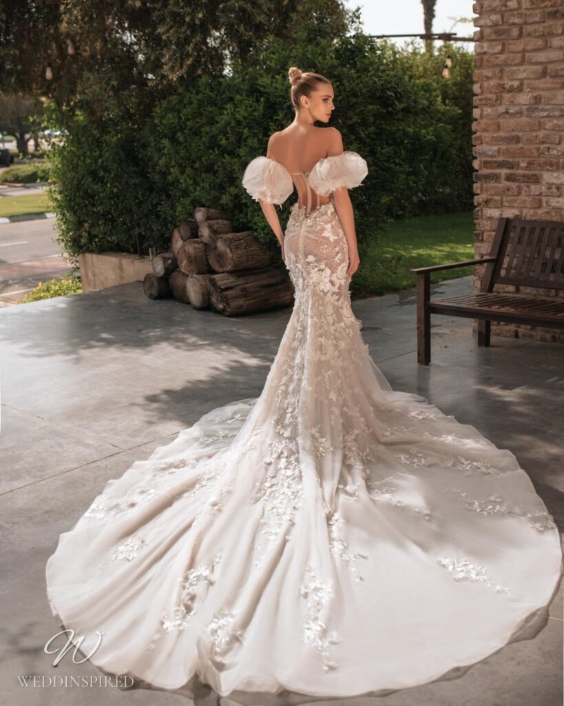 berta 2023 wedding dress mermaid tulle lace strapless flowers backless train