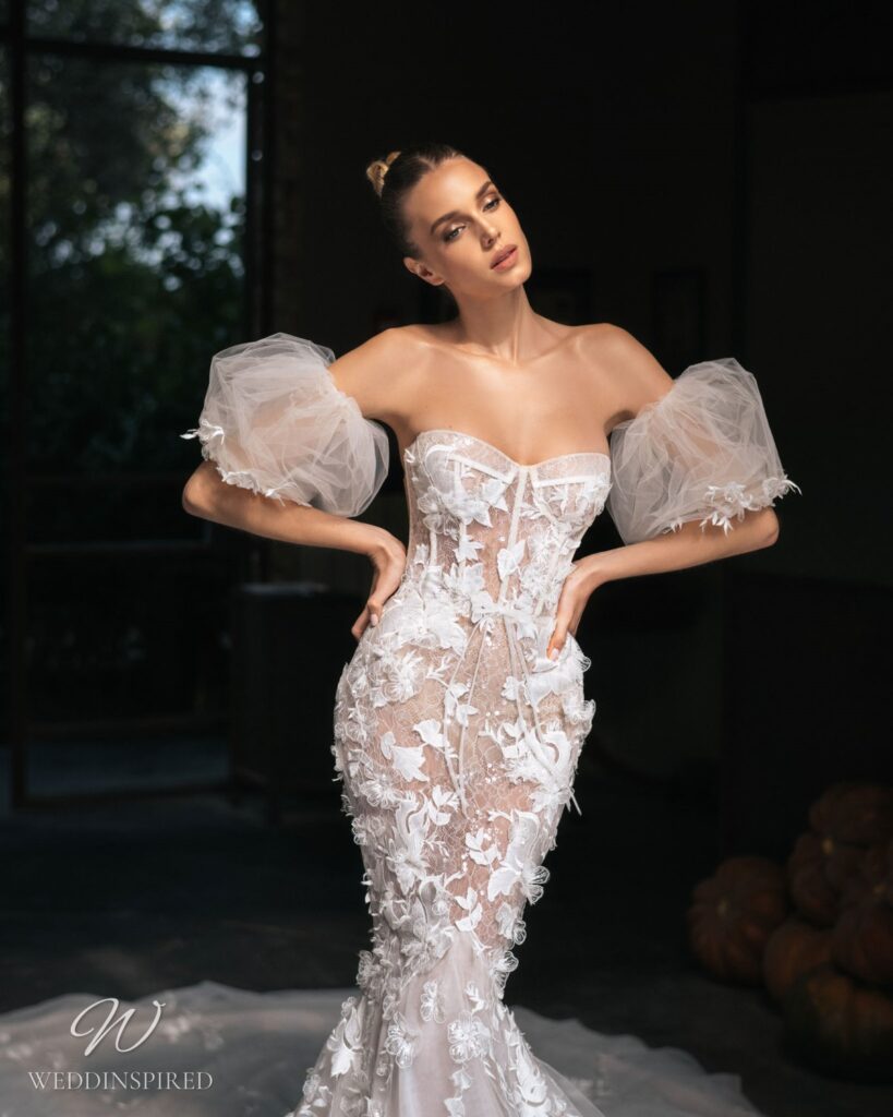 berta 2023 wedding dress mermaid tulle lace strapless flowers