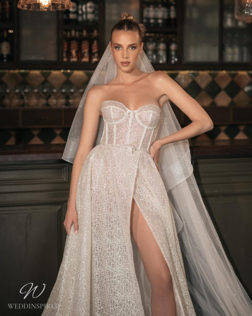 berta 2023 wedding dress a-line strapless slit sparkly