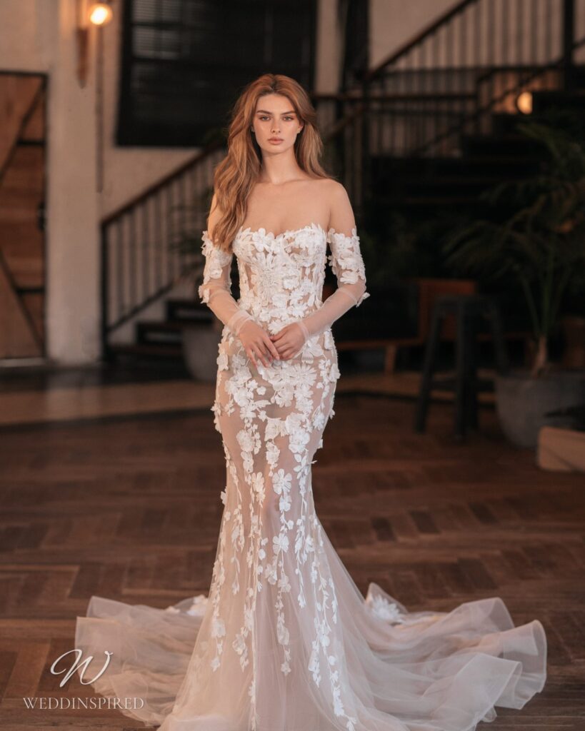 berta 2023 wedding dress tulle lace mermaid flowers off the shoulder long sleeves
