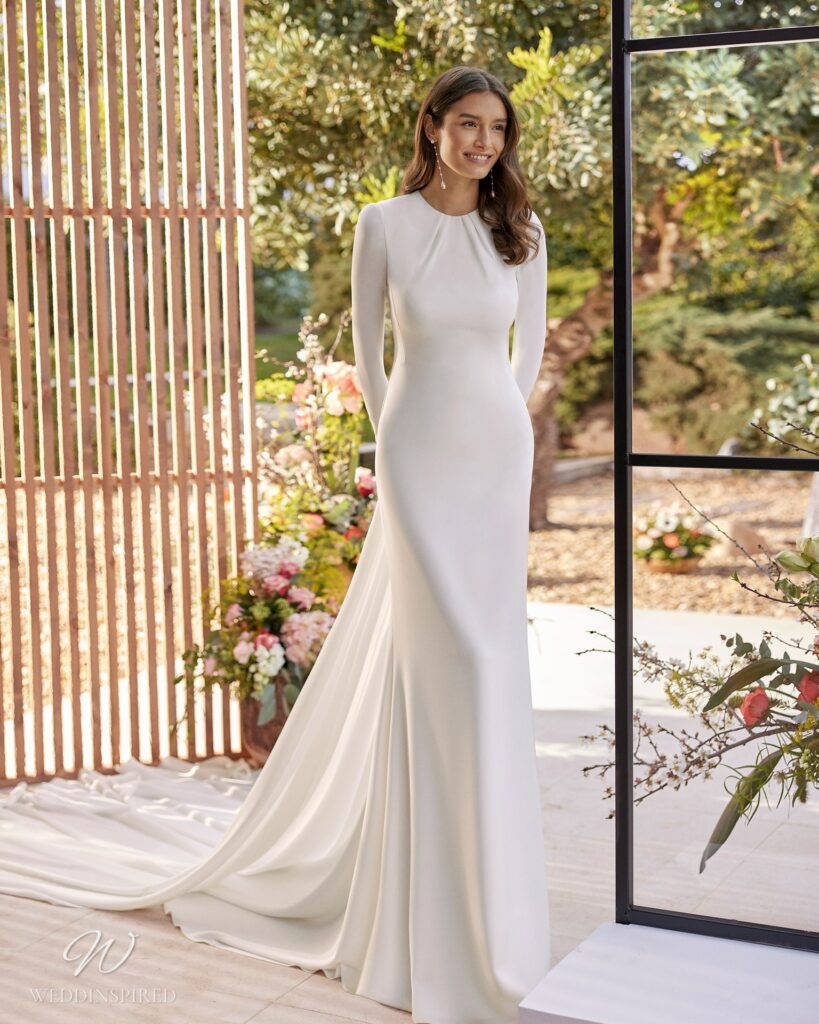 rosa clara wedding dress couture 2023 camal sheath chiffon simple long sleeves modest train