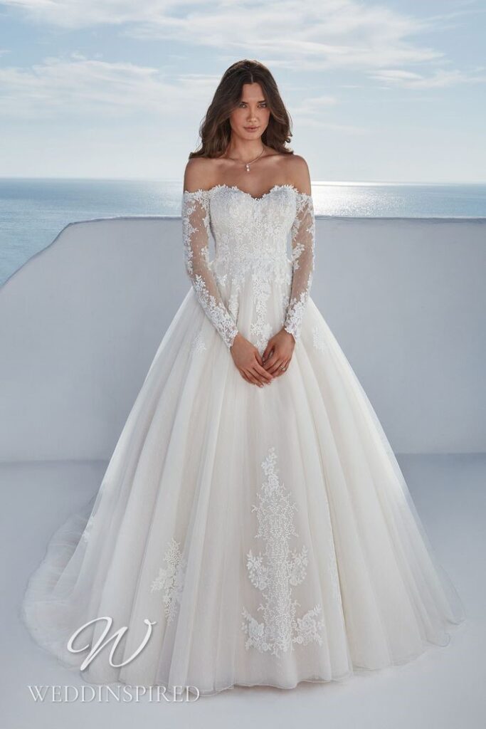 justin alexander wedding dress brielle lace tulle a-line long sleeves off the shoulder