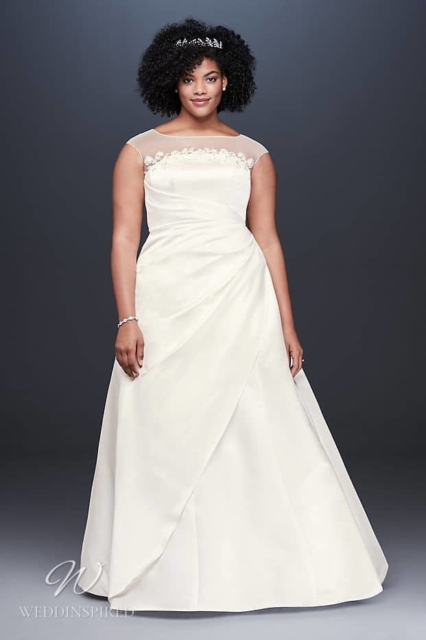 david's bridal wedding dress plus size satin a-line short sleeves