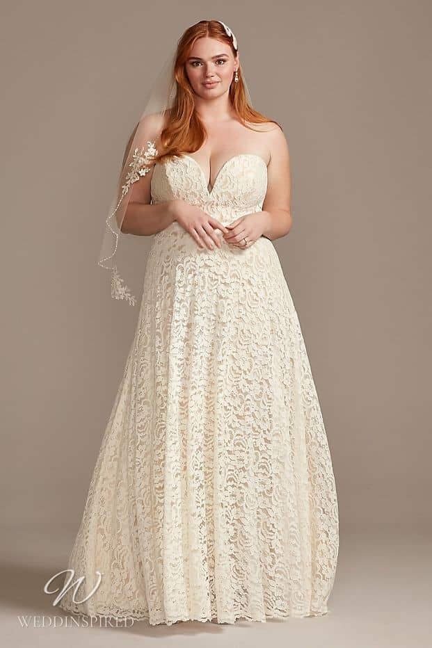 david's bridal wedding dress plus size strapless lace a-line