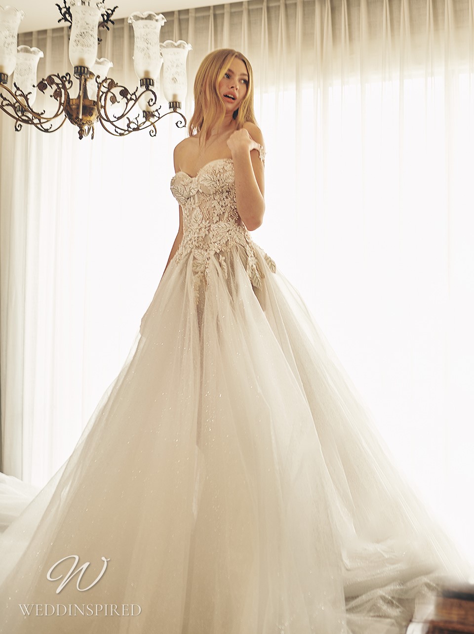 galia lahav 2022 blush off the shoulder lace tulle a-line wedding dress