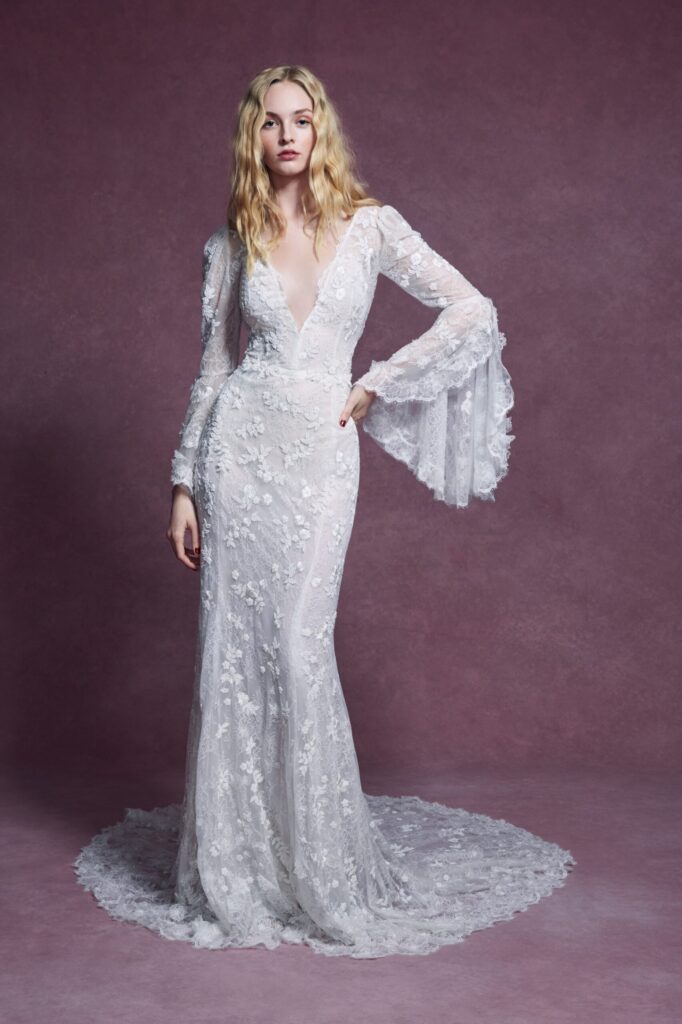 marchesa wedding dress 2020 crystal lace mermaid long sleeves v neck