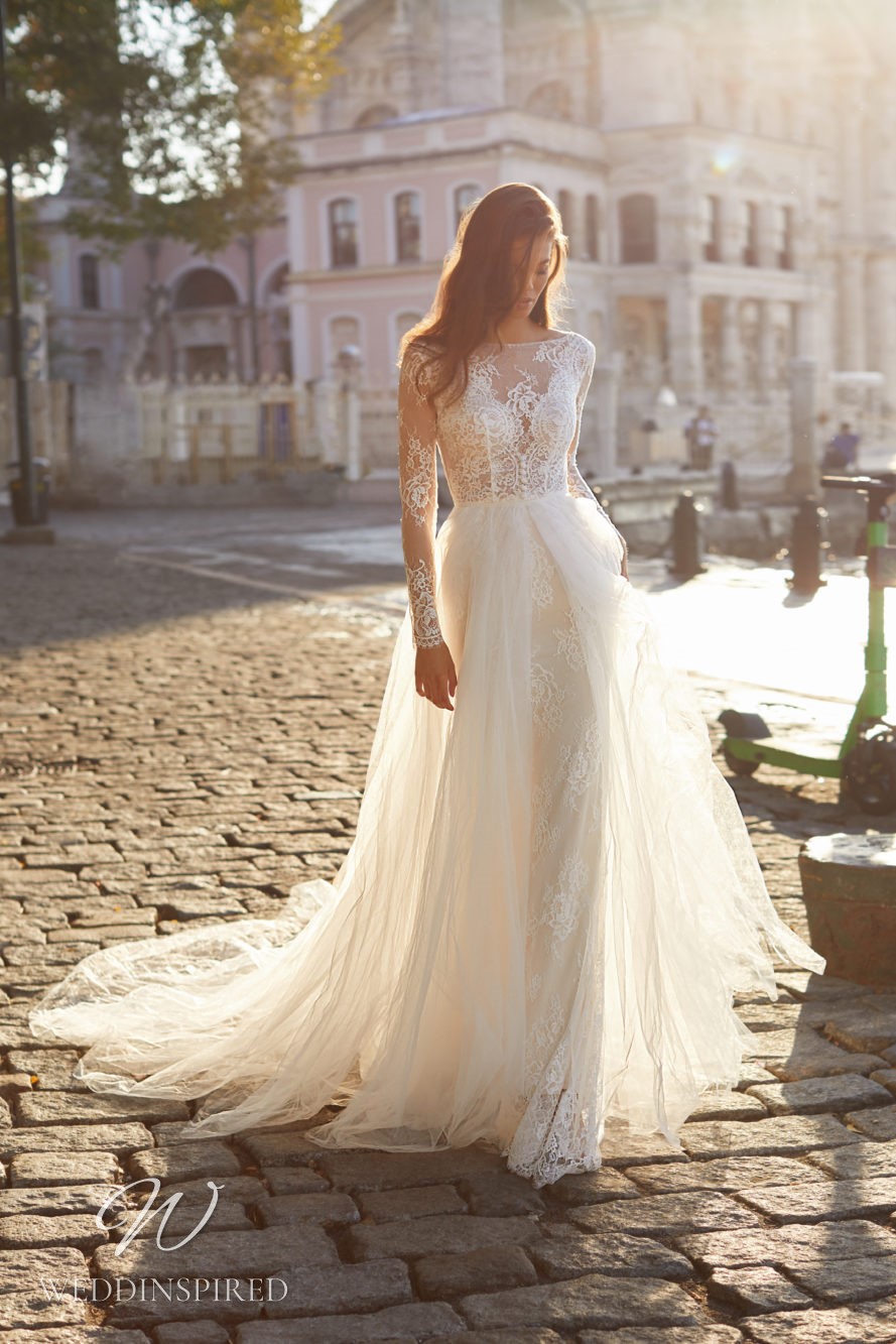 milla nova 2021 wedding dress donna ivory lace tulle A-line long sleeves high neckline