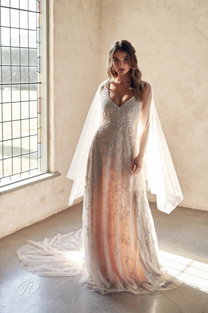 Anna Campbell 2020 blush v neck A-line wedding dress beading sparkly
