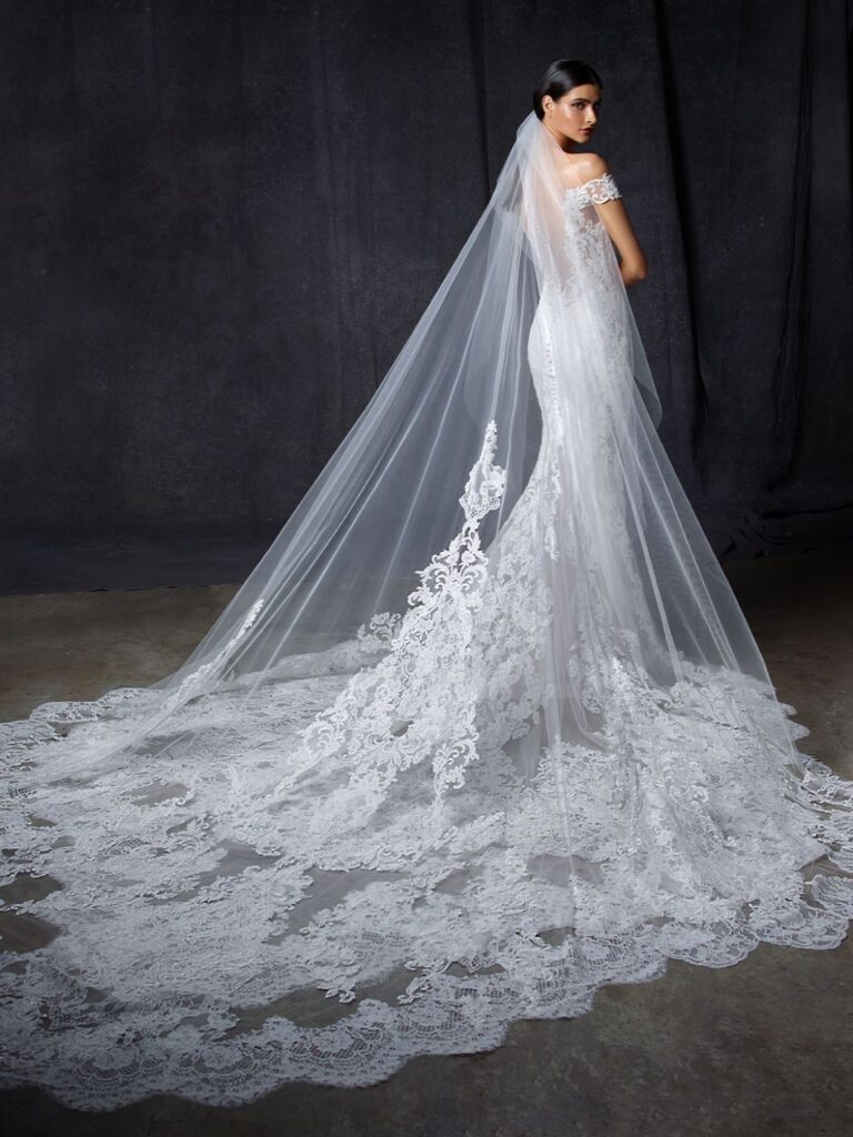 Enzoani off the shoulder lace mermaid wedding dress train