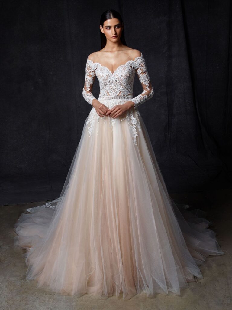 Enzoani blush off the shoulder A-line wedding dress lace sleeves tulle