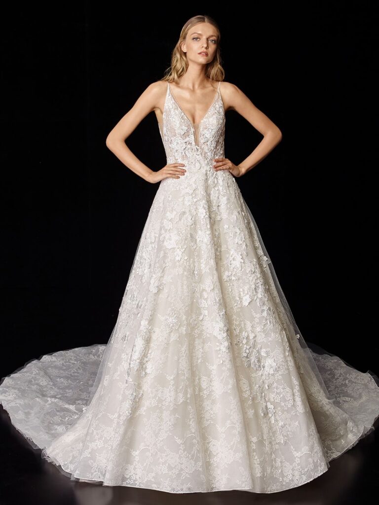 Enzoani lace A-line wedding dress a v neck train