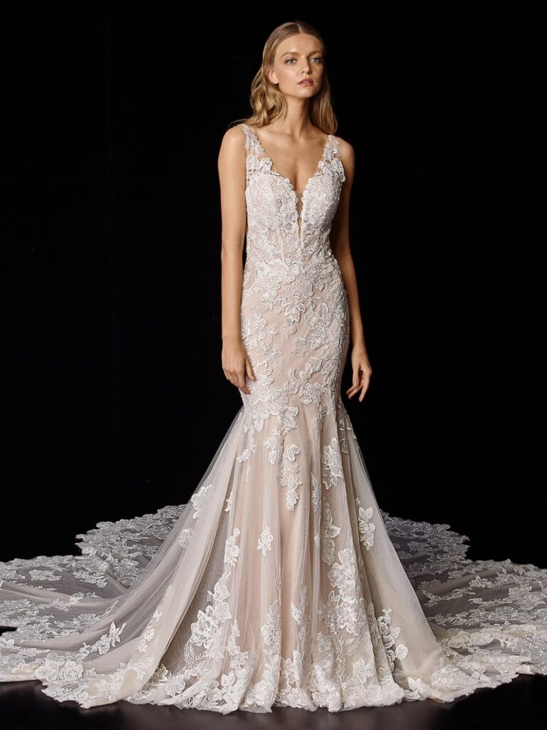 Enzoani romantic blush lace mermaid wedding dress train