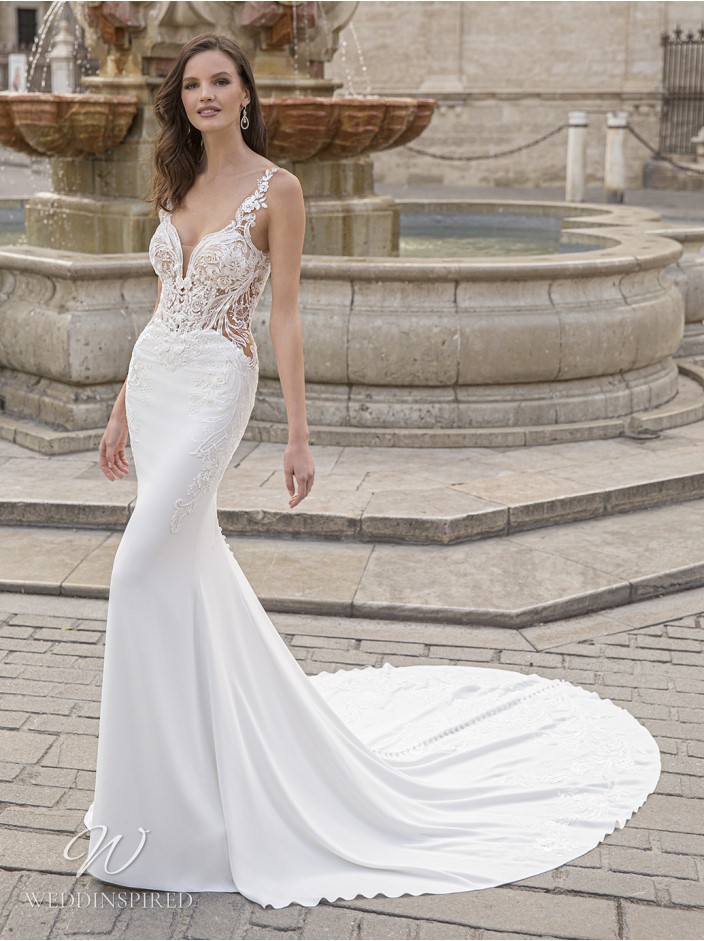 elysee etoile 2023 wedding dress bardot lace silk sexy mermaid