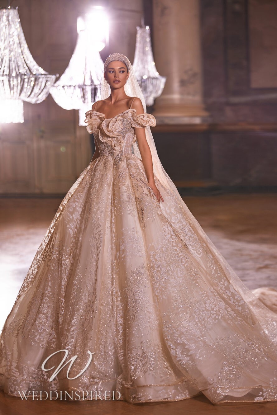 milla nova 2022 blush off the shoulder lace princess ball gown wedding dress