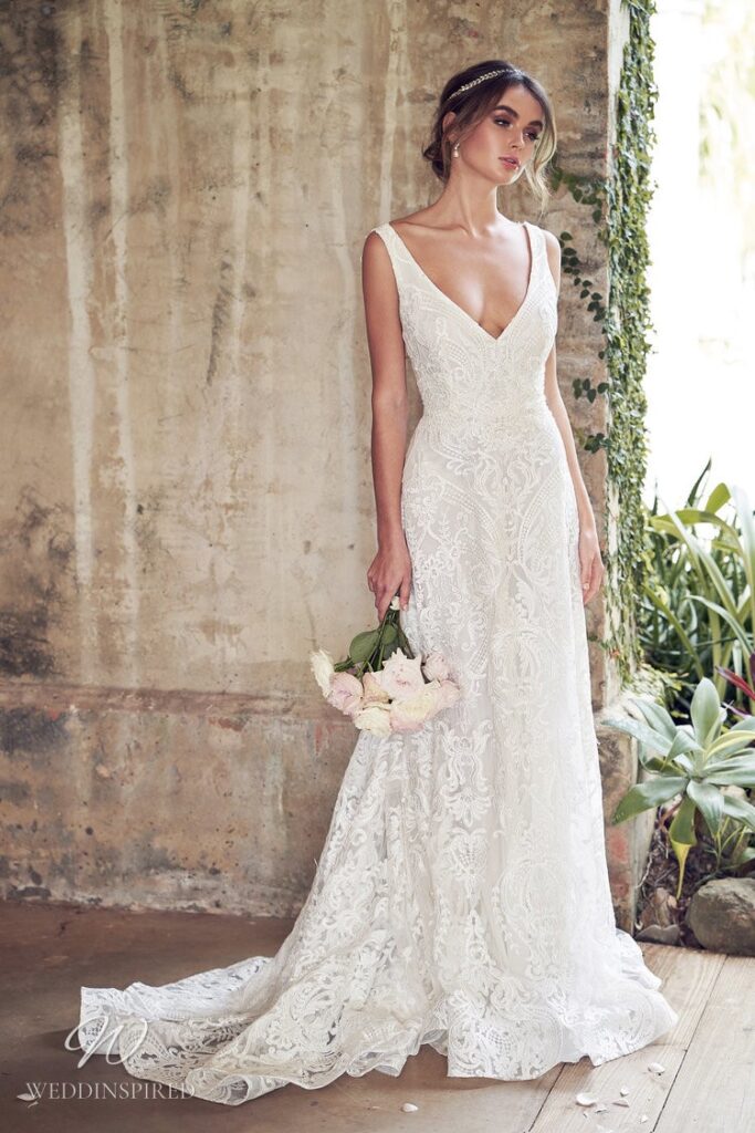 Anna Campbell 2020 romantic lace v neck A-line wedding dress