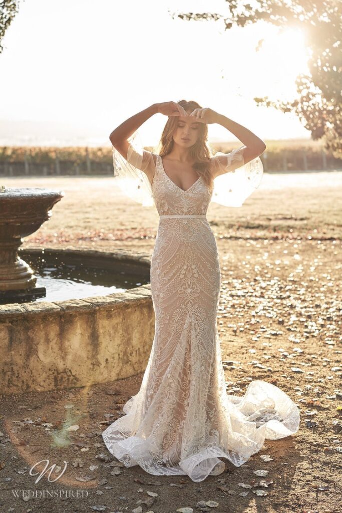 Anna Campbell 2020 blush mermaid lace v neck wedding dress draped tulle sleeves