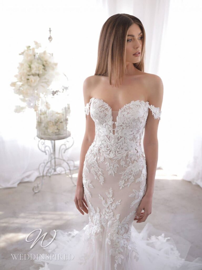 enzoani wedding dress 2022 olenka lace mermaid off the shoulder