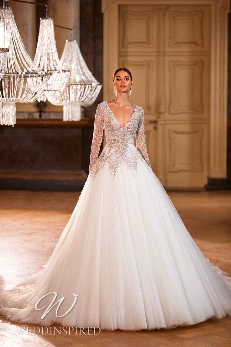milla nova 2022 tulle princess ball gown wedding dress long sleeves v neck