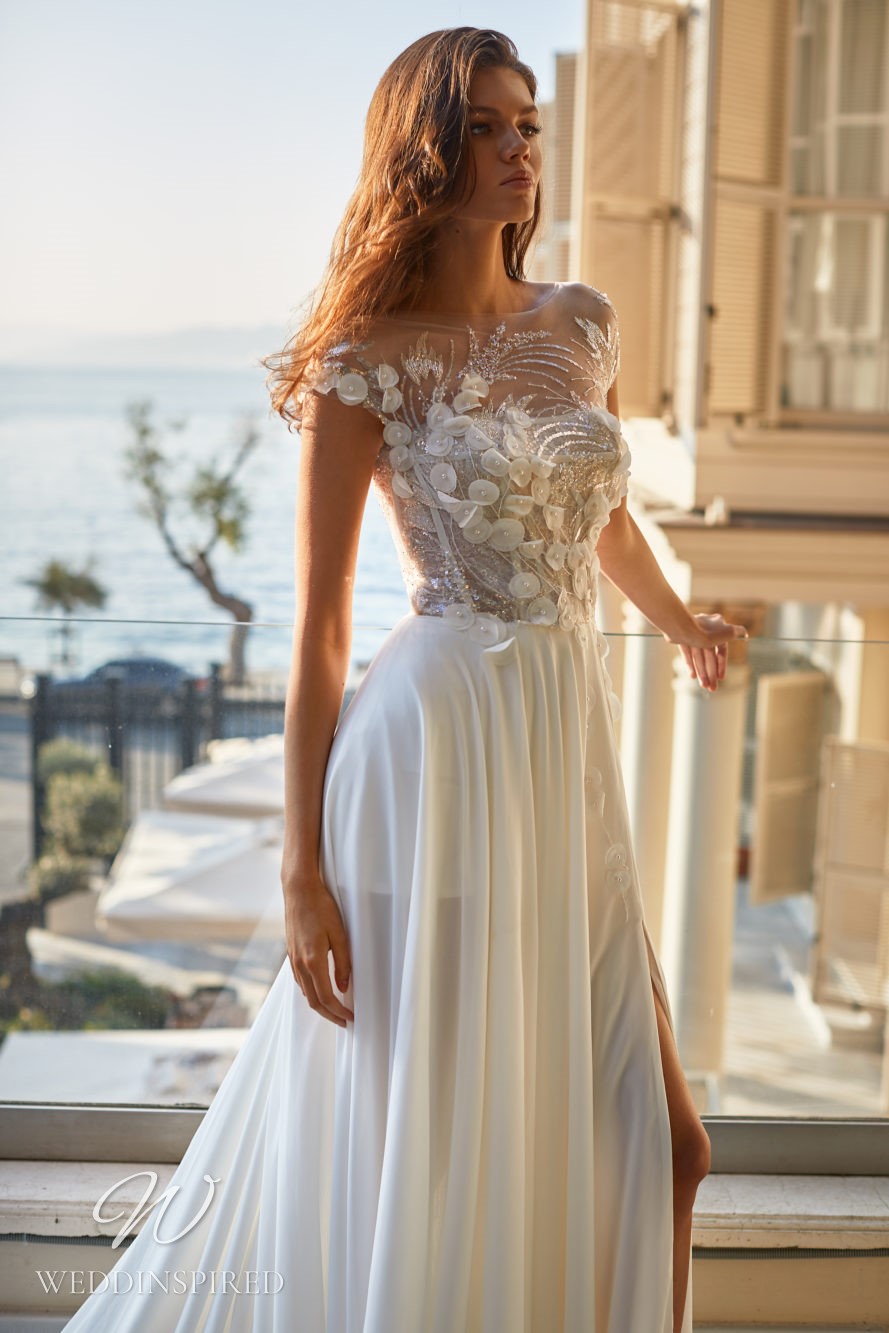 milla nova 2021 wedding dress romy ivory lace chiffon A-line cap sleeves illusion