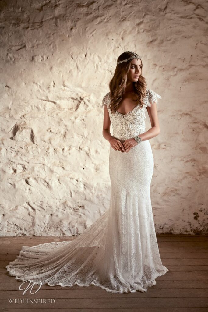 Anna Campbell 2020 lace mermaid wedding dress cap sleeves v neck