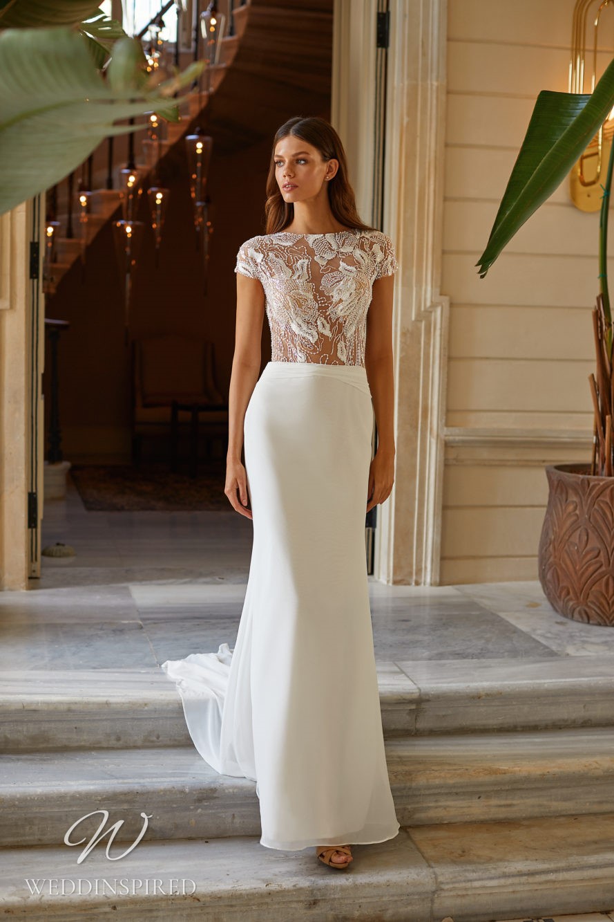 milla nova 2021 wedding dress stephanie lace chiffon sheath cap sleeves high neckline