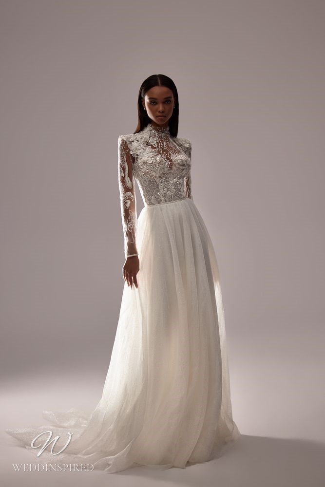 milla nova 2023 wedding dress addison lace tulle a-line sheath long sleeves high neckline