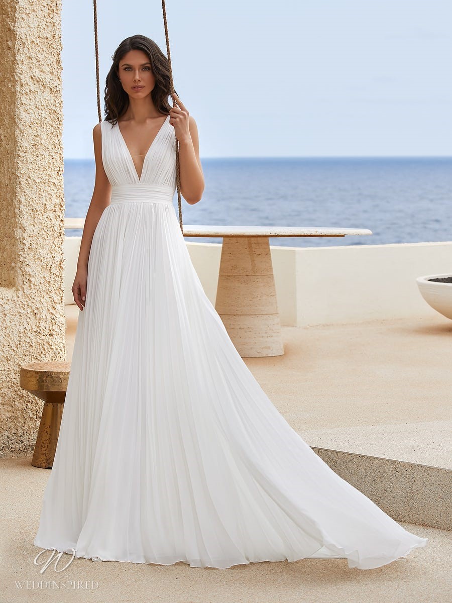pronovias 2021 flowy grecian a-line wedding dress v neck pleats