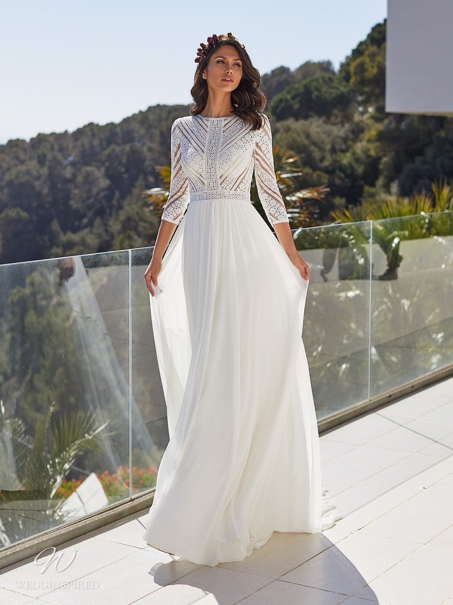 pronovias 2021 grecian simple sheath wedding dress modest 3/4 sleeves