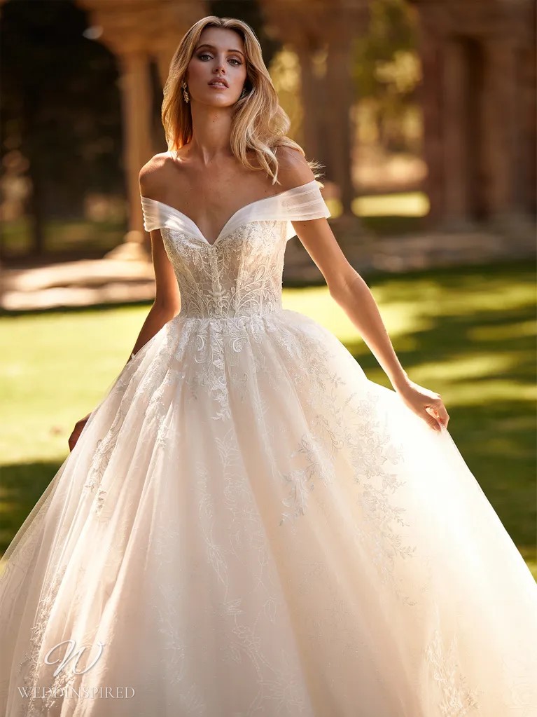 pronovias 2023 wedding dress benita princess a-line tulle lace off the shoulder
