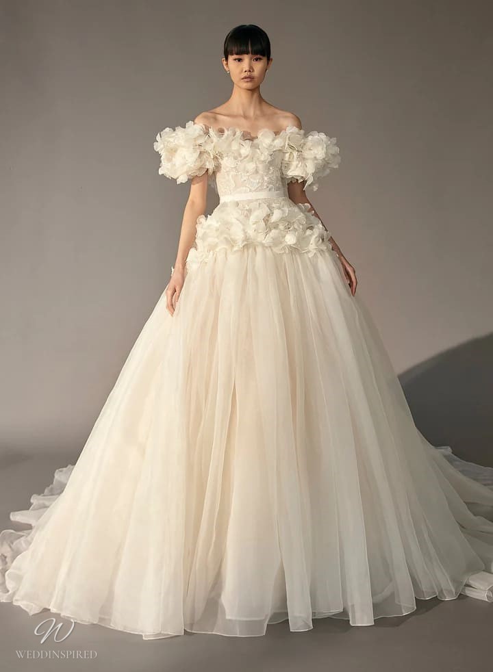 elie saab 2023 wedding dress princess tulle blush ivory ball gown off the shoulder flowers short sleeves