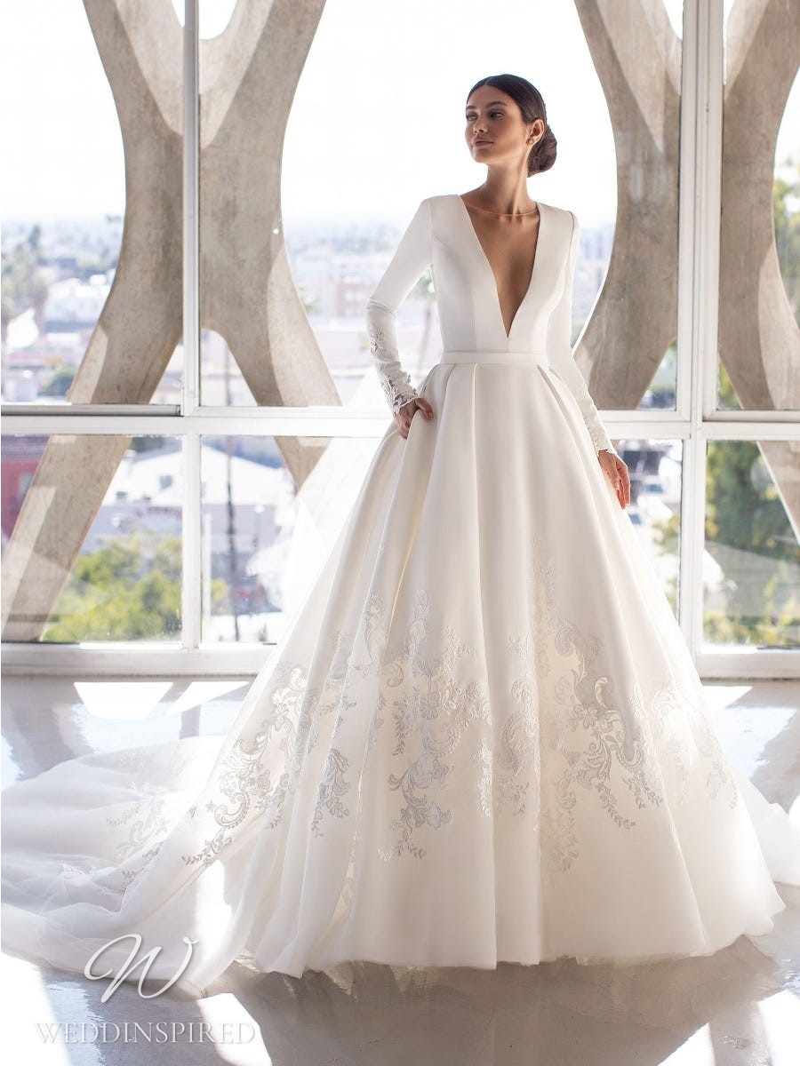 pronovias 2021 satin ball gown wedding dress long sleeves pockets v neck