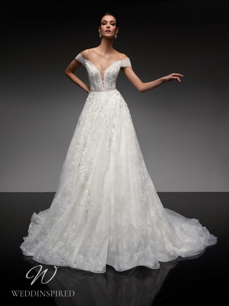 nicole milano 2022 wedding dress cassis lace off the shoulder princess