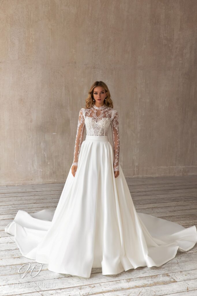 eva lendel wedding dress princess silk satin simple lace long sleeves