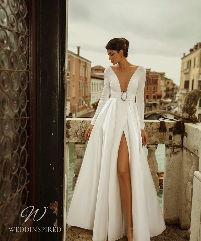 Rara Avis 2021 silk satin A-line wedding dress long sleeves v neck belt