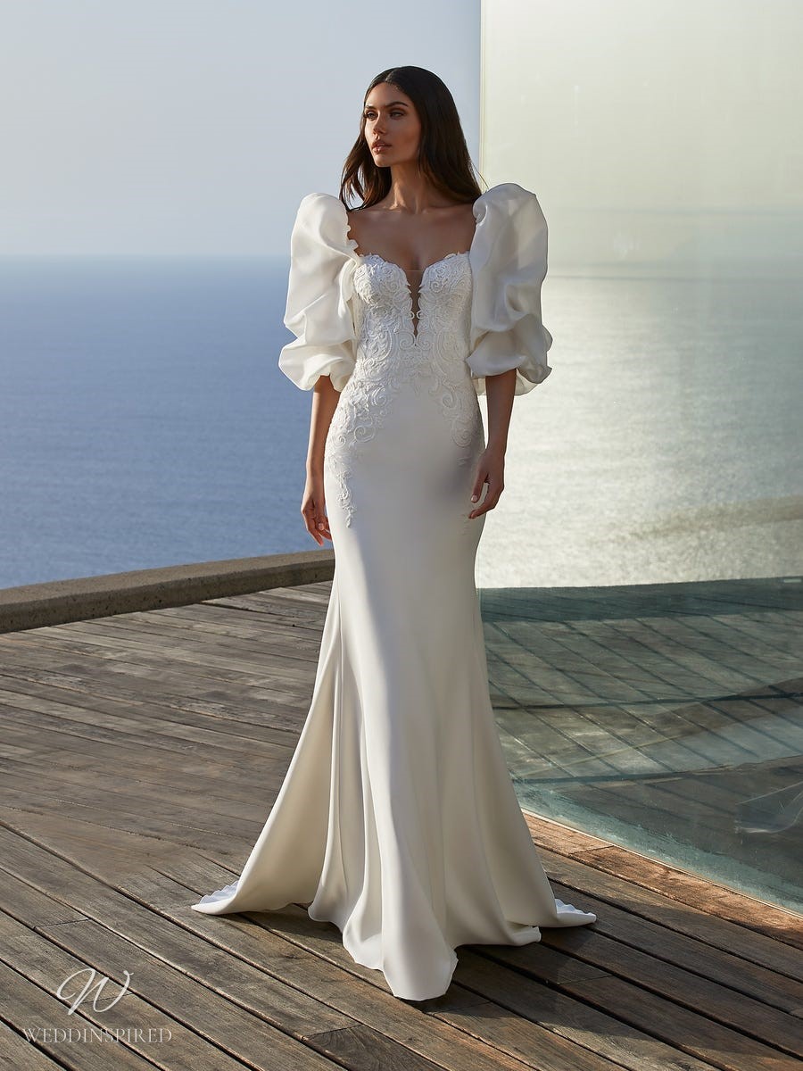 pronovias 2021 lace silk mermaid wedding dress puff sleeves