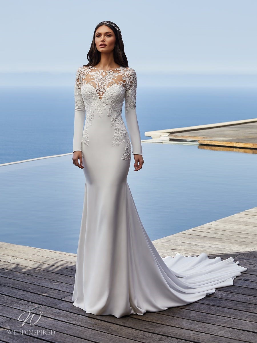 pronovias 2021 lace sheath wedding dress long sleeves