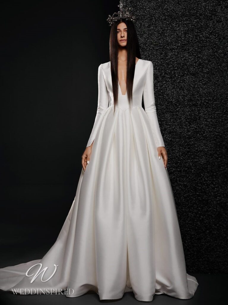 vera wang 2022 wedding dress coraline satin a-line long sleeves v neck