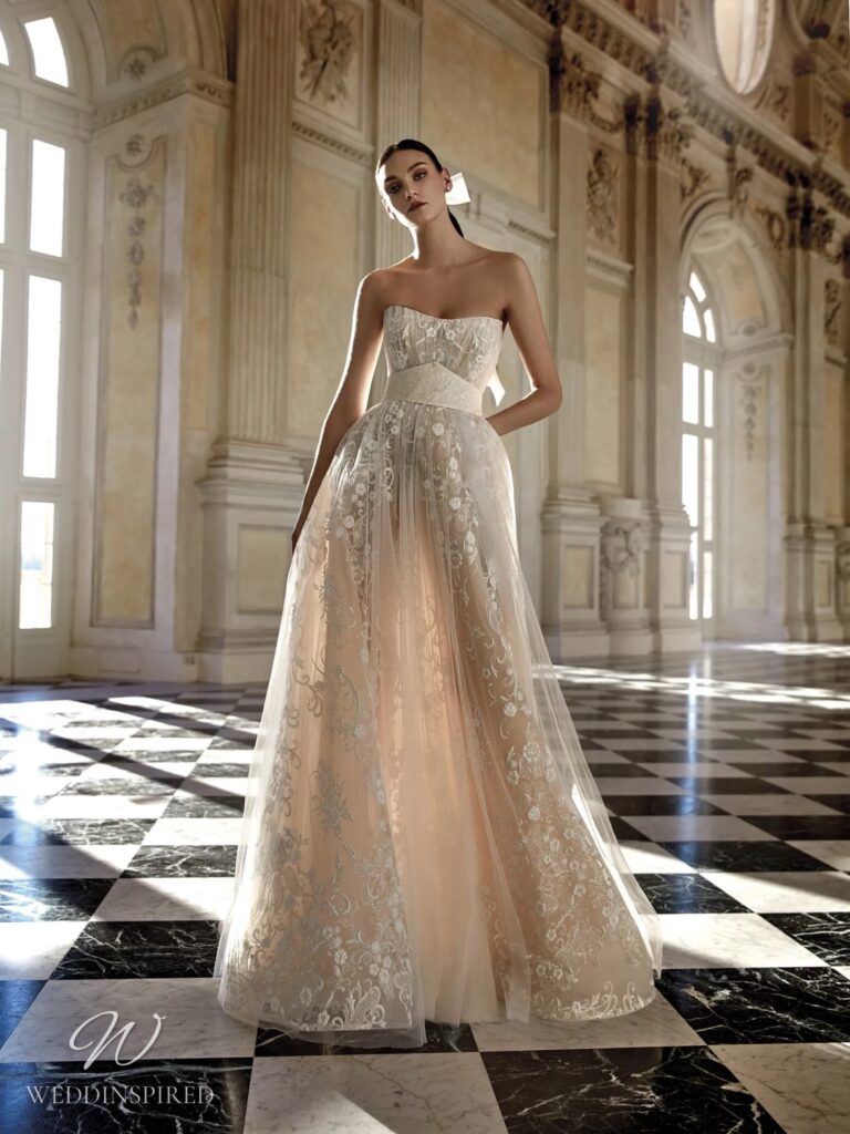 pronovias 2023 wedding dress cornelia sheath a-line strapless ivory lace tulle