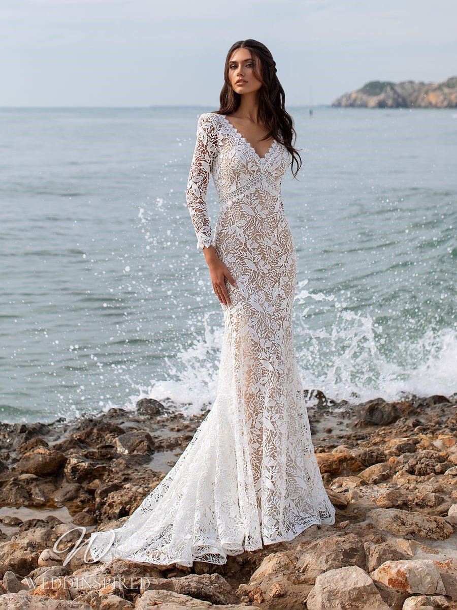 ashley graham pronovias wedding dress 2021 dunaway lace mermaid boho v neck long sleeves