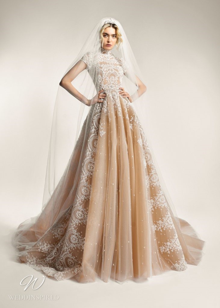ersa atelier 2023 wedding dress zora lace tulle a-line blush short cap sleeves