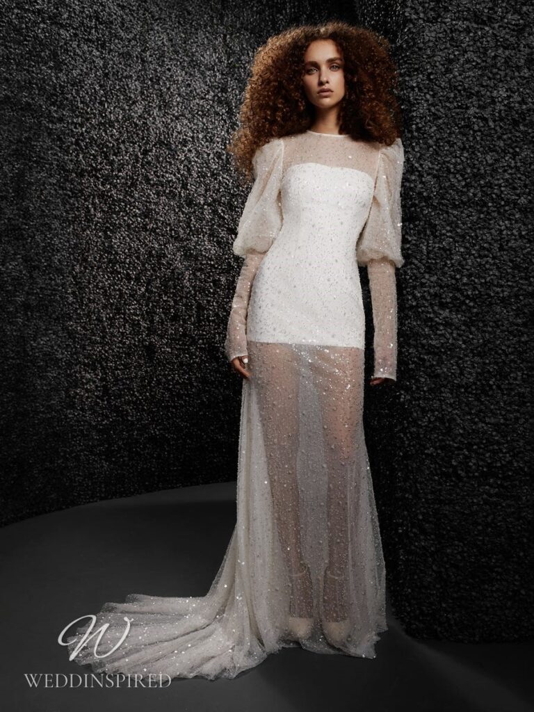 vera wang 2022 wedding dress eugenie short sparkly sheath long sleeves