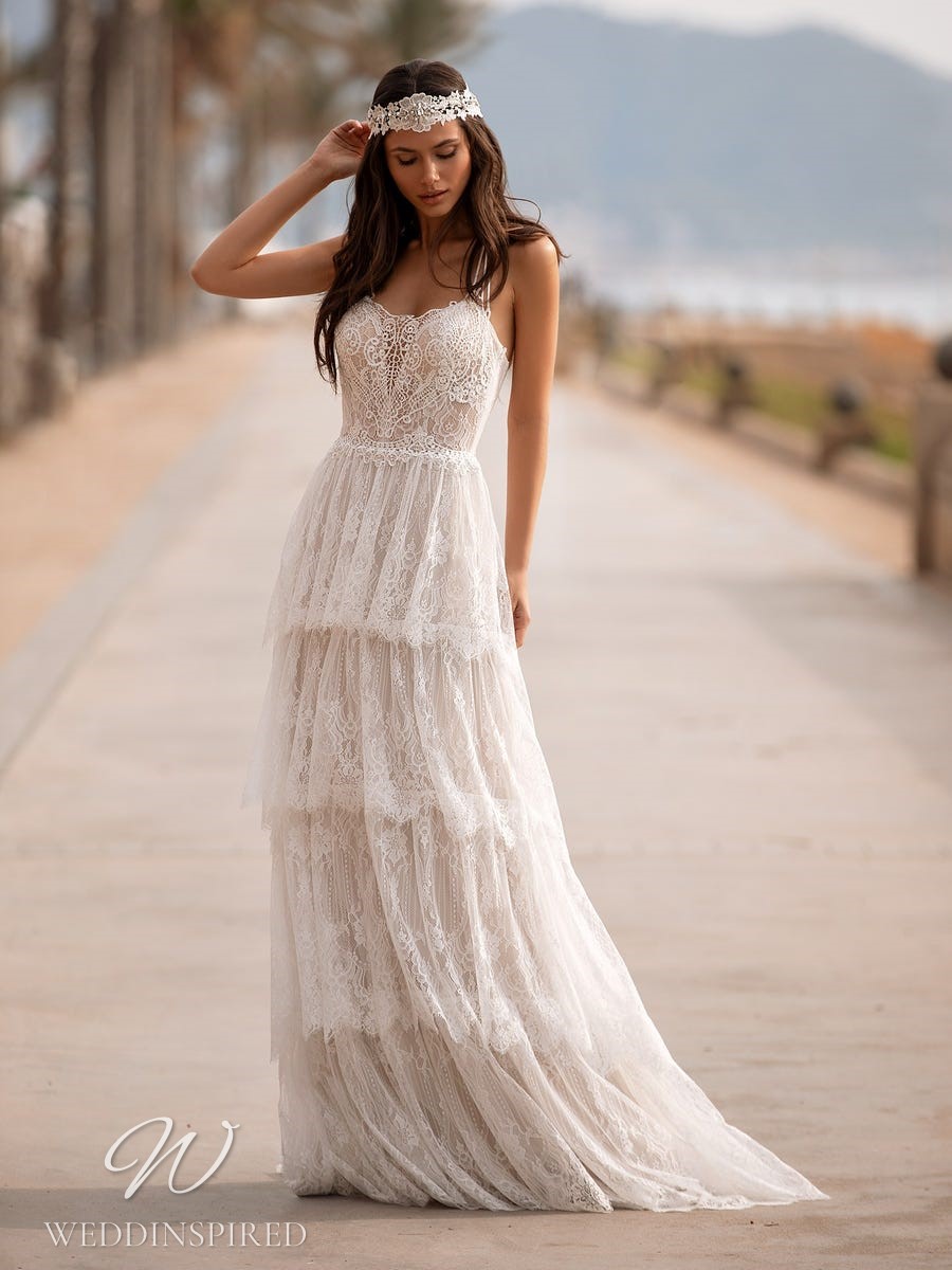 pronovias 2021 lace A-line wedding dress ruffles boho
