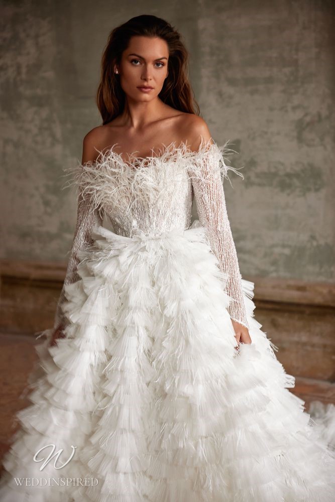 milla nova 2023 wedding dress gustavia princess tulle ruffles ball gown long sleeves feathers off the shoulder