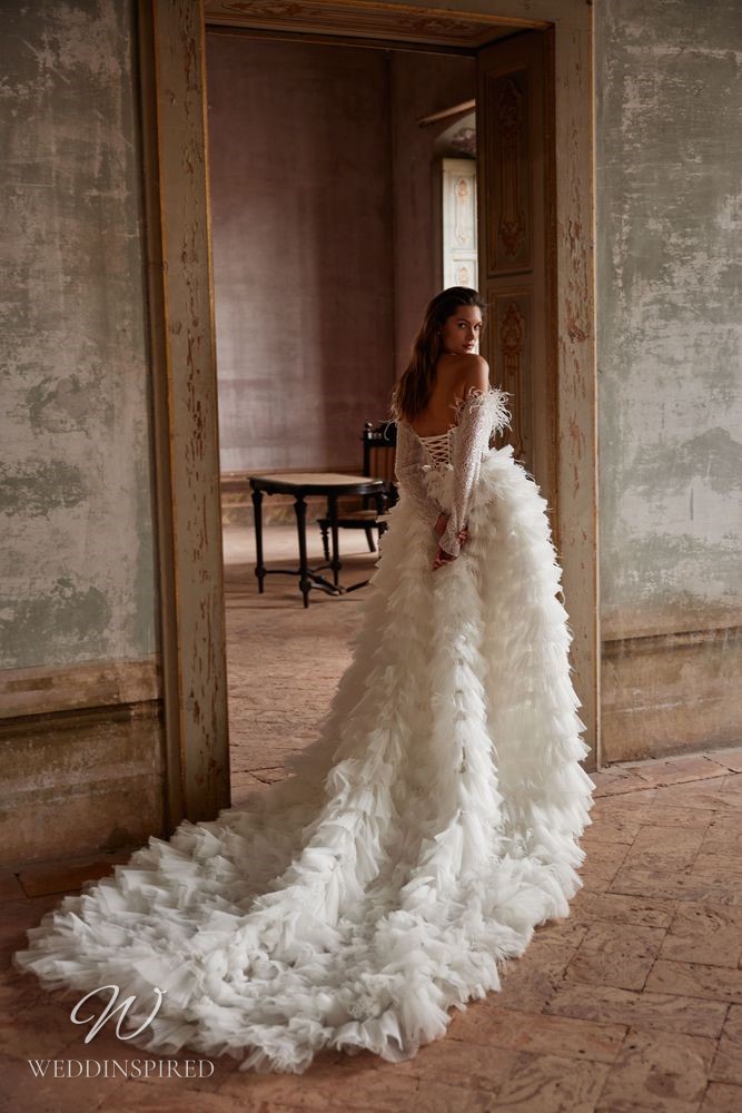 milla nova 2023 wedding dress gustavia princess tulle ruffles ball gown long sleeves feathers