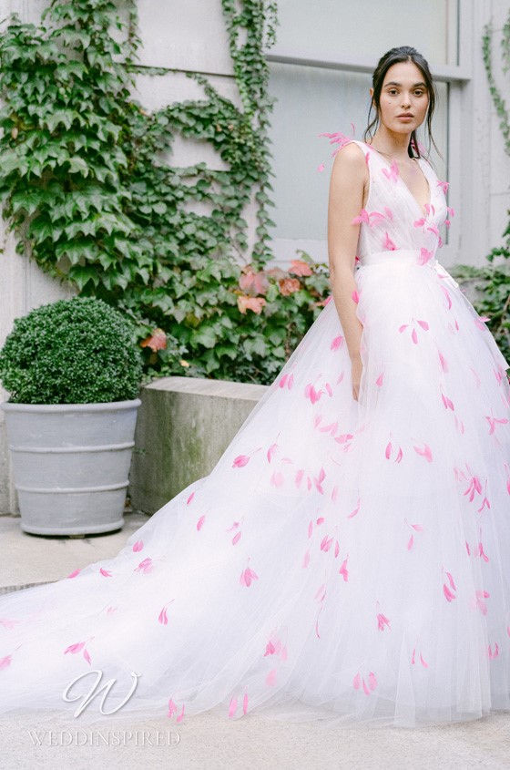 monique lhuillier wedding dress happy tulle a-line princess pink feathers
