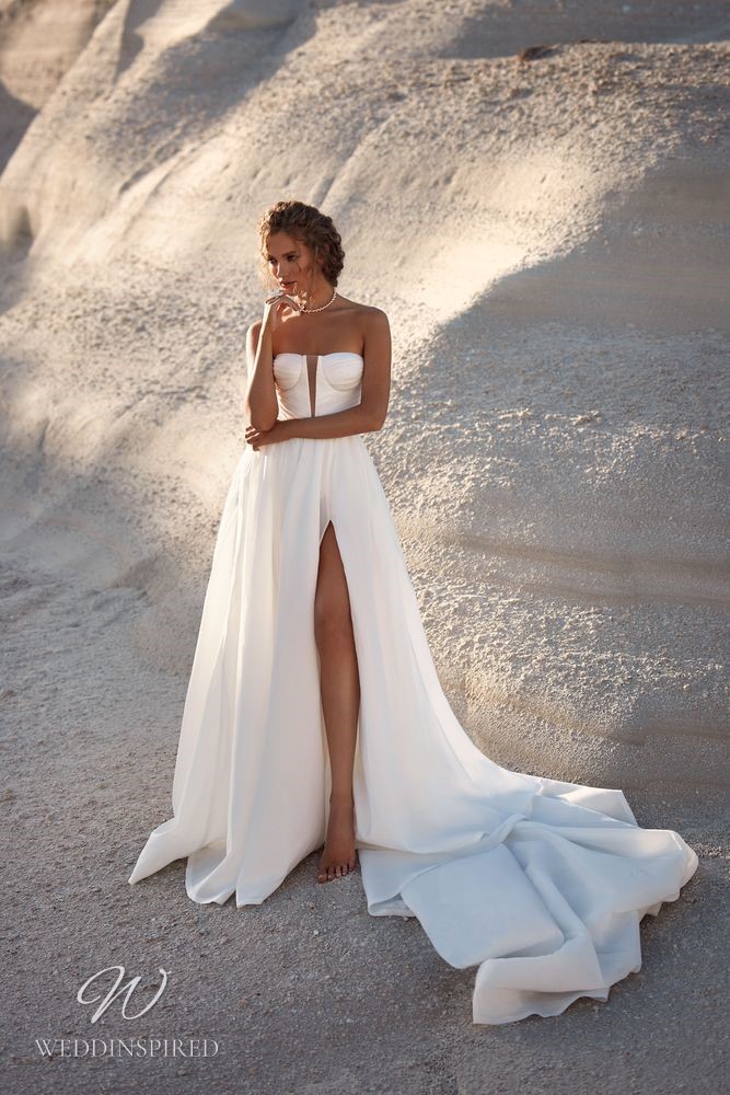 milla nova 2023 wedding dress iman silk satin chiffon a-line slit strapless simple