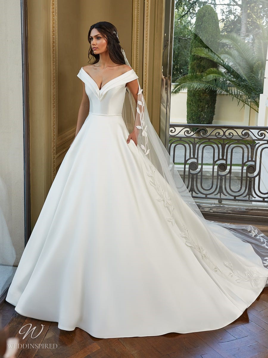 pronovias 2021 off the shoulder silk ball gown princess wedding dress pockets