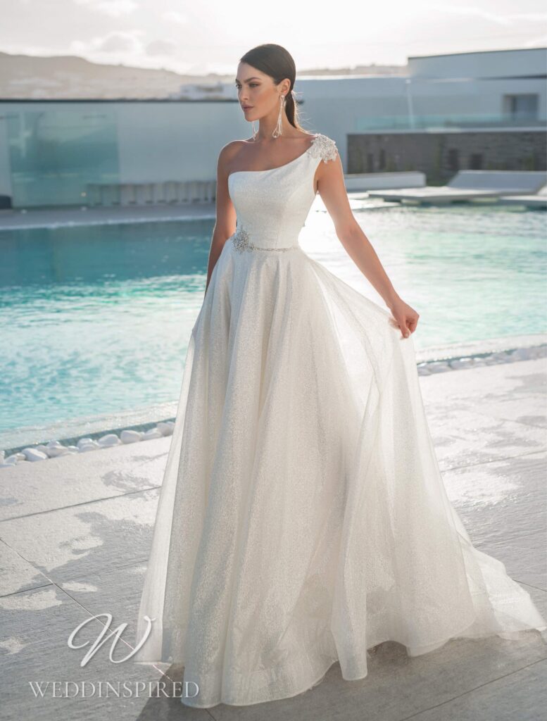 Blunny 2021 one shoulder sparkly tulle A-line wedding dress